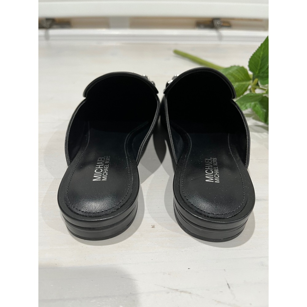 NEW Michael Kors Black Leather Mules Slides Loafers Size 6M Silver MK Chain - Picture 3 of 7